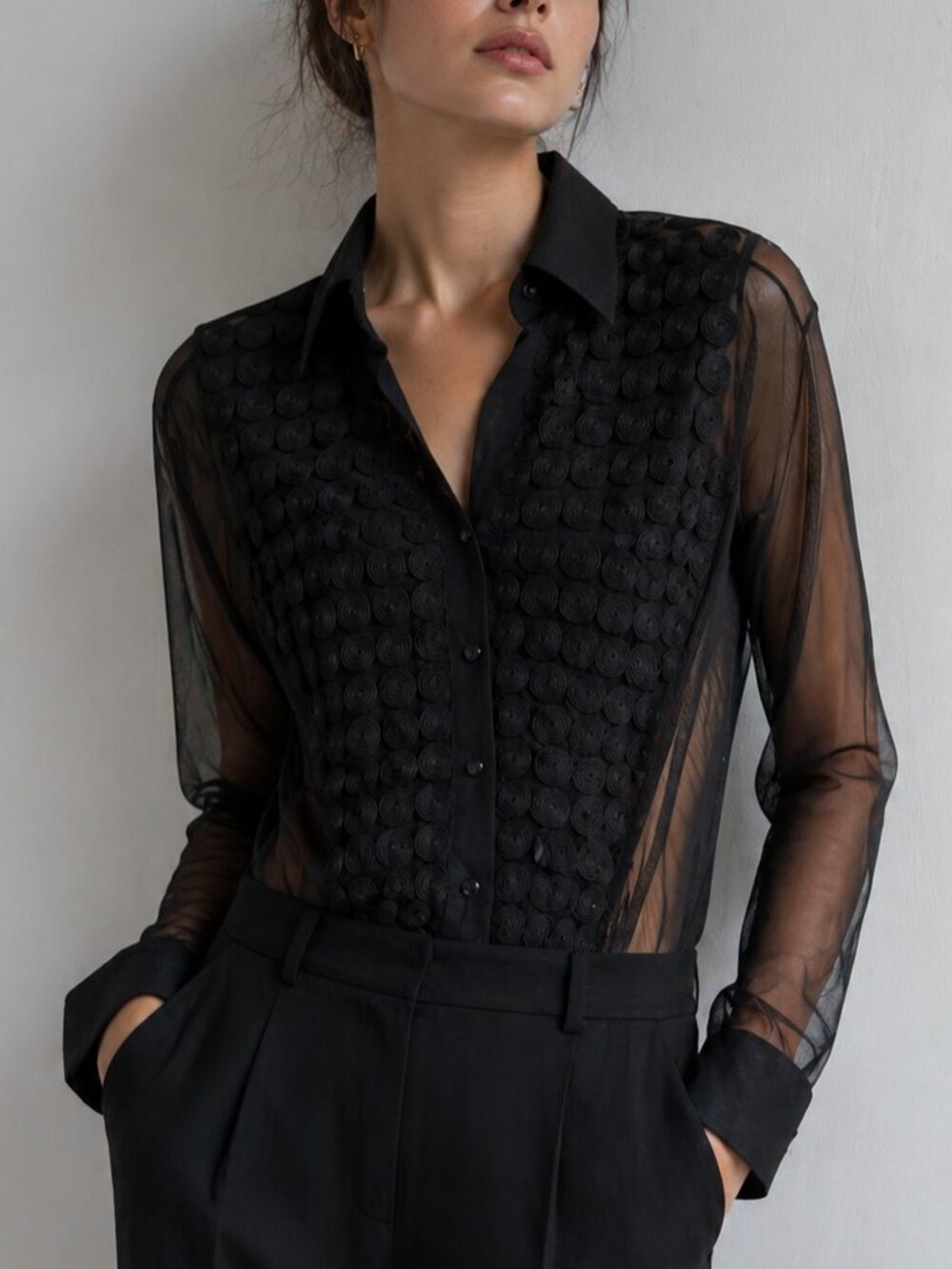 Naracamicie Black Sheer Button-Up Blouse with Textured Front